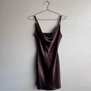Espresso satin cowlneck dress
